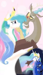 Size: 1000x1750 | Tagged: safe, artist:theroyalprincesses, derpibooru import, discord, princess celestia, princess luna, computer, dislestia, female, food, male, raised eyebrow, shipping, shipping denied, spit take, straight, tea