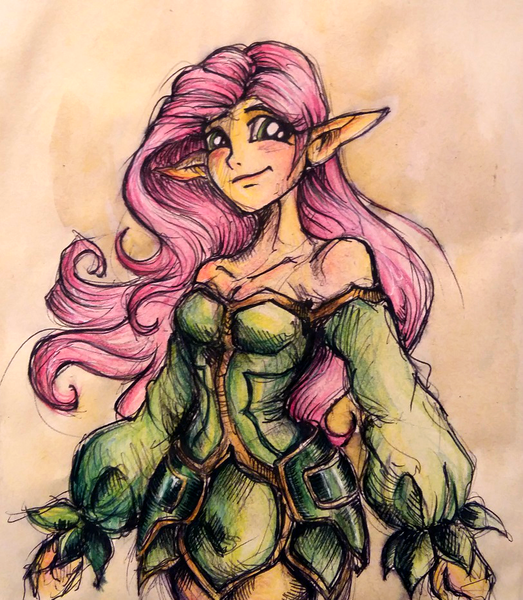 Size: 812x931 | Tagged: safe, artist:buttersprinkle, derpibooru import, fluttershy, human, clothes, elf ears, humanized, pony coloring, smiling, solo, traditional art