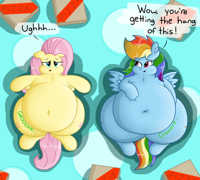Size: 1965x1764 | Tagged: artist:dullpoint, belly, belly button, big belly, both cutie marks, chubby cheeks, derpibooru import, fat, fattershy, fluttershy, food, obese, on back, pizza, rainblob dash, rainbow dash, stomach noise, stuffed, suggestive, text, tubby wubby pony waifu, weight gain