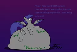 Size: 2668x1818 | Tagged: suggestive, artist:zeldafan777, derpibooru import, oc, oc:midnight blossom, unofficial characters only, bat pony, pony, belly, belly bed, fat, huge belly, impossibly large belly, morbidly obese, obese, stomach noise, stuffed, too fat to move