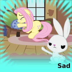 Size: 1024x1024 | Tagged: safe, artist:cheezedoodle96, derpibooru import, angel bunny, fluttershy, pony, derpibooru, ponyville confidential, angry, couch, crying, female, fluttershy's cottage, lamp, mare, meta, official spoiler image, pillow, sad, spoilered image joke