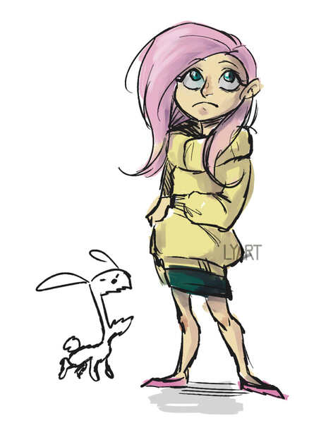 Size: 758x1000 | Tagged: angel bunny, artist:lya, clothes, derpibooru import, fluttershy, human, humanized, safe, shoes, skirt, solo, standing, strange, sweater, sweatershy, weird