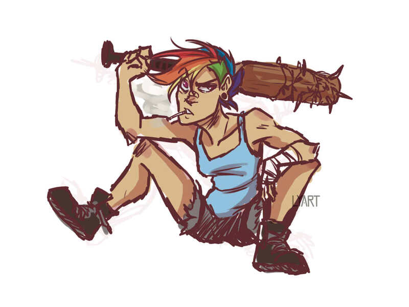 Size: 1000x750 | Tagged: artist:lya, baseball bat, cigarette, clothes, colored, derpibooru import, human, humanized, nailbat, punk, rainbow dash, safe, shorts, sitting, smoking, solo