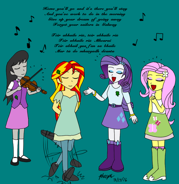 Size: 878x901 | Tagged: safe, artist:pheeph, derpibooru import, fluttershy, octavia melody, rarity, sunset shimmer, equestria girls, celtic, dancing, irish, singing, tap dancing, violin