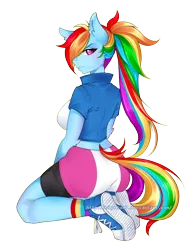 Size: 2550x3300 | Tagged: anthro, artist:slyblue7, ass, breasts, busty rainbow dash, clothes, compression shorts, converse, derpibooru import, equestria girls outfit, female, fetish, high res, kneeling, midriff, plantigrade anthro, ponytail, rainbow dash, rear view, safe, shoes, shorts, skirt, sneakers, sneakers fetish, socks, solo, tail