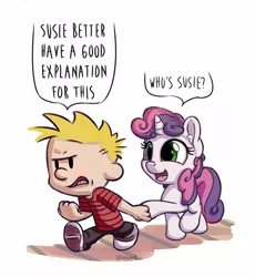 Size: 1100x1197 | Tagged: safe, artist:bobdude0, derpibooru import, sweetie belle, pony, unicorn, calvin, calvin and hobbes, crossover, cute, dialogue, female, filly, male, open mouth