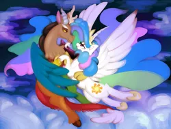 Size: 1024x774 | Tagged: safe, artist:shivall, derpibooru import, discord, princess celestia, dancing, dislestia, female, flying, male, shipping, straight