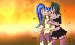 Size: 800x480 | Tagged: suggestive, artist:alexmakovsky, derpibooru import, queen chrysalis, sonata dusk, equestria girls, bra, breast grab, breasts, clothes, garters, grope, humanized, midriff, open clothes, open fly, pony coloring, ponytail, shirt, shorts, skirt, socks, stockings, thigh highs, torn clothes, underwear, zettai ryouiki