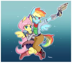 Size: 2300x2000 | Tagged: safe, artist:0ndshok, derpibooru import, fluttershy, rainbow dash, anthro, plantigrade anthro, clothes, cosplay, costume, female, flutterdash, fox mccloud, grin, gun, hug, lesbian, raygun, shipping, star fox, weapon