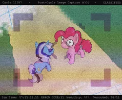 Size: 1300x1073 | Tagged: safe, artist:pinkiesheen, derpibooru import, minuette, pinkie pie, earth pony, pony, unicorn, breaking the fourth wall, camera, camera shot, disintegration, error, eyes on the prize, fourth wall, glitch, looking at you, looking up, looking up at you, simulation, story included, xk-class end-of-the-world scenario
