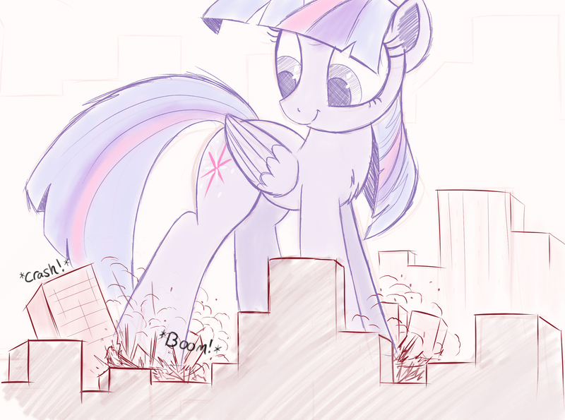 Size: 1500x1116 | Tagged: safe, artist:ncmares, derpibooru import, twilight sparkle, twilight sparkle (alicorn), alicorn, pony, big-pon, chest fluff, city, destruction, female, giant pony, giantess, macro, mare, mega twilight sparkle, smiling, solo, twizilla