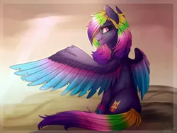 Size: 1024x768 | Tagged: safe, artist:orfartina, derpibooru import, oc, oc:aurora, unofficial characters only, pegasus, pony, chest fluff, cloud, colored wings, colored wingtips, crepuscular rays, female, gradient mane, gradient tail, gradient wings, hoof fluff, looking at you, looking back, looking back at you, mare, multicolored hair, multicolored mane, multicolored tail, multicolored wings, neck fluff, signature, sitting, solo, spread wings, wings
