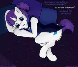Size: 2900x2511 | Tagged: artist:riscke, bed, bedroom eyes, derpibooru import, dialogue, female, implied nightmare moon, lesbian, looking at you, night maid rarity, offscreen character, rariluna, rarity, shipping, solo, solo female, suggestive