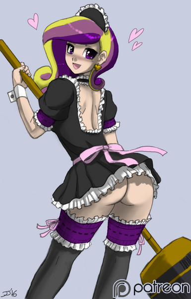 Size: 700x1090 | Tagged: artist:ixalon, artist:johnjoseco, ass, back, bottomless, broom, clothes, colored, color edit, derpibooru import, edit, female, heart, human, humanized, looking at you, looking back, lovebutt, maid, no panties, open mouth, patreon, patreon logo, princess cadance, questionable, smiling, socks, solo, solo female, thigh highs