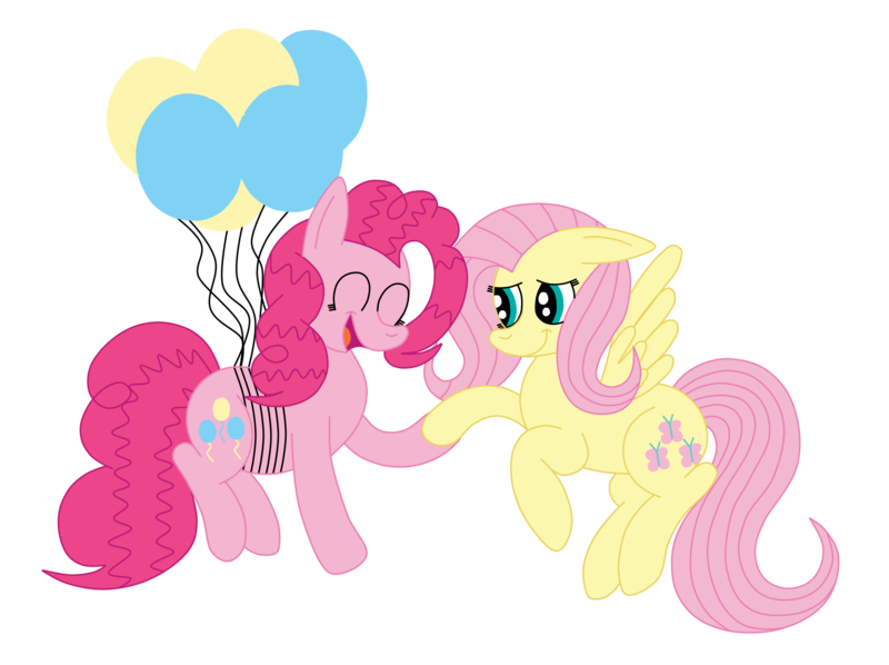 Size: 2592x1936 | Tagged: safe, artist:squipycheetah, derpibooru import, fluttershy, pinkie pie, earth pony, pegasus, pony, balloon, cute, diapinkes, eyes closed, female, floating, floppy ears, flutterpie, flying, happy, holding hooves, lesbian, open mouth, shipping, shyabetes, simple background, smiling, spread wings, string, strings, then watch her balloons lift her up to the sky, transparent background, vector