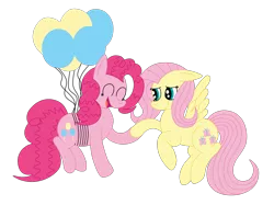 Size: 2592x1936 | Tagged: safe, artist:squipycheetah, derpibooru import, fluttershy, pinkie pie, earth pony, pegasus, pony, balloon, cute, diapinkes, eyes closed, female, floating, floppy ears, flutterpie, flying, happy, holding hooves, lesbian, open mouth, shipping, shyabetes, simple background, smiling, spread wings, string, strings, then watch her balloons lift her up to the sky, transparent background, vector