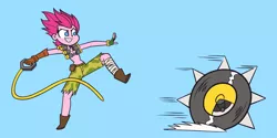 Size: 3000x1500 | Tagged: safe, artist:khuzang, derpibooru import, pinkie pie, equestria girls, crossover, junkrat, overwatch, pinkrat, solo, weapon, wheel