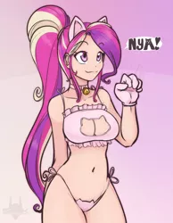 Size: 1400x1800 | Tagged: :3, adorasexy, artist:scorpdk, bell collar, belly button, bra, breasts, busty princess cadance, cat ears, cat keyhole bra set, cat lingerie, cleavage, clothes, collar, crop top bra, cute, cutedance, derpibooru import, female, frilly underwear, gloves, human, humanized, lingerie, milf, nya, panties, pink underwear, ponytail, princess cadance, sexy, side knot underwear, smiling, solo, solo female, suggestive, underwear, when you see it