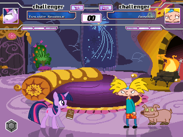 Size: 640x480 | Tagged: arnold, artist:toonalexsora007, crossover, derpibooru import, fighting game, fighting is magic, hey arnold, life bar, mugen, pig, princess celestia's bedroom, safe, screencap, twilight sparkle