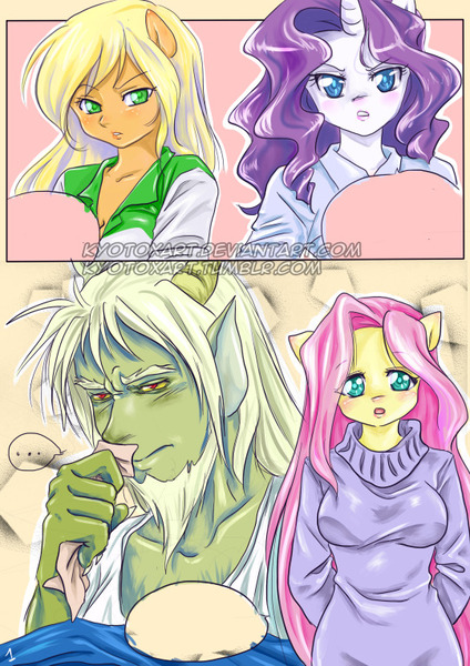 Size: 540x764 | Tagged: safe, artist:kyotoxart, derpibooru import, applejack, discord, fluttershy, rarity, anthro, ..., comic, discoshy, female, male, pony coloring, shipping, sick, straight