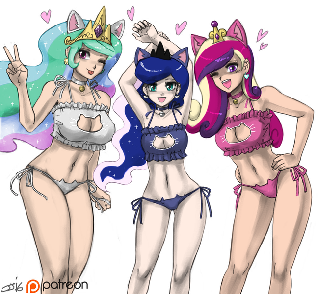 Size: 1000x926 | Tagged: suggestive, artist:johnjoseco, color edit, colorist:lanceomikron, derpibooru import, edit, princess cadance, princess celestia, princess luna, human, :d, :p, adorasexy, arm behind head, armpits, beautiful, bell collar, belly button, bra, breasts, busty princess cadance, busty princess celestia, busty princess luna, cat ears, cat keyhole bra set, cat lingerie, choker, cleavage, clothes, collar, colored, crop top bra, cute, cutedance, cutelestia, ear piercing, female, females only, frilly underwear, heart, humanized, jewelry, lingerie, looking at you, lunabetes, midriff, open mouth, panties, patreon, patreon logo, peace sign, photoshop, piercing, pink underwear, purple underwear, sexy, side knot underwear, simple background, smiling, tiara, tongue out, underass, underwear, white background, white underwear, wink
