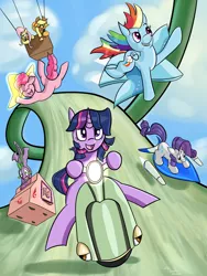 Size: 1600x2133 | Tagged: applejack, artist:mxcoriginal, beanstalk park, crossover, derpibooru import, fluttershy, formula star, kirby, kirby air ride, mane six, pinkie pie, rainbow dash, rarity, safe, scooter wheelie, spike, twilight sparkle, video game, wagon star, warp star, winged star