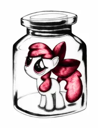 Size: 1080x1402 | Tagged: adorabloom, apple bloom, artist:jonathan-c-eastwood, bottle, colored, cute, derpibooru import, frown, jar, jar of pony, limited palette, looking up, pony in a bottle, sad, safe, solo, traditional art, trapped