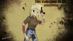 Size: 3840x2160 | Tagged: semi-grimdark, artist:ngrycritic, derpibooru import, applejack, equestria girls, amc, axe, blood, clothes, crossover, dual wield, gun, pants, solo, style emulation, the walking dead, uotapo-ish, weapon