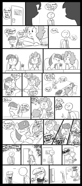 Size: 1518x3420 | Tagged: semi-grimdark, suggestive, artist:shoutingisfun, derpibooru import, ms. harshwhinny, pinkie pie, twilight sparkle, oc, oc:anon, earth pony, human, pony, unicorn, ..., :o, argument, bedroom eyes, chair, clothes, comic, double standard, eye contact, female, female on male, female on male rape, frown, glare, gritted teeth, implied rape, leaning, male, mare, mlpg, monochrome, nervous, open mouth, raised eyebrow, sitting, smiling, straight, sweat, thinking, yelling