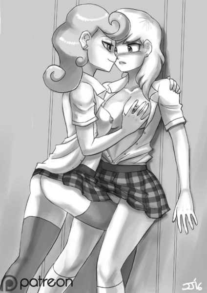 Size: 800x1133 | Tagged: artist:johnjoseco, ass, breasts, busty carrot top, busty derpy hooves, carrot top, clothes, derpibooru import, derpy hooves, derpytop, female, golden harvest, grayscale, grope, human, humanized, lesbian, monochrome, nipples, nudity, open clothes, open shirt, patreon, patreon logo, questionable, shipping, skirt, socks, thigh highs