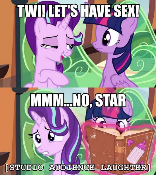 Size: 710x800 | Tagged: suggestive, derpibooru import, edit, edited screencap, screencap, starlight glimmer, twilight sparkle, twilight sparkle (alicorn), alicorn, pony, the crystalling, bedroom eyes, book, caption, deep space homer, descriptive noise, female, frown, gritted teeth, image macro, implied sex, levitation, magic, mare, married with children, meme, open mouth, simpsons did it, smiling, telekinesis, the simpsons