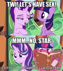 Size: 710x800 | Tagged: suggestive, derpibooru import, edit, edited screencap, screencap, starlight glimmer, twilight sparkle, twilight sparkle (alicorn), alicorn, pony, the crystalling, bedroom eyes, book, caption, deep space homer, descriptive noise, female, frown, gritted teeth, image macro, implied sex, levitation, magic, mare, married with children, meme, open mouth, simpsons did it, smiling, telekinesis, the simpsons
