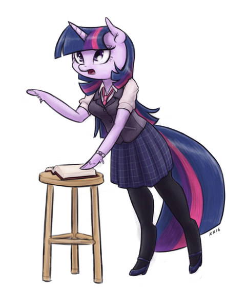 Size: 1000x1250 | Tagged: anthro, arm hooves, artist:king-kakapo, book, clothes, derpibooru import, high heels, mary janes, multiple variants, necktie, pantyhose, plaid, pleated skirt, safe, shoes, skirt, solo, stool, twilight sparkle, unguligrade anthro, vest, watch