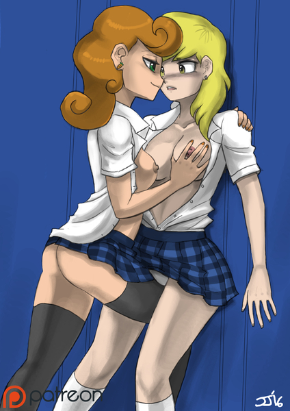 Size: 2000x2833 | Tagged: artist:ixalon, artist:johnjoseco, breasts, busty carrot top, busty derpy hooves, carrot top, clothes, colored, color edit, derpibooru import, derpy hooves, derpytop, edit, female, golden harvest, human, humanized, leg love, lesbian, nipples, nudity, panties, questionable, shipping, skirt, skirt lift, underwear, white underwear