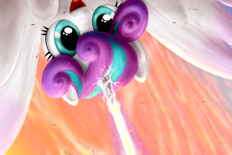 Size: 1600x1067 | Tagged: artist:everypone, blast, close-up, derpibooru import, glowing horn, low angle, magic, magic beam, magic blast, princess flurry heart, safe, solo, spread wings, the crystalling, upside down