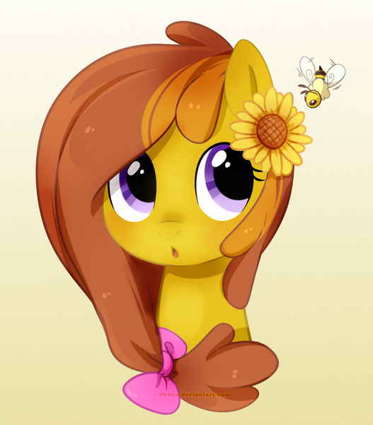 Size: 967x1100 | Tagged: artist:0biter, bee, derpibooru import, flower, flower in hair, hair bow, oc, oc:honey ella, safe, solo, sunflower, unofficial characters only