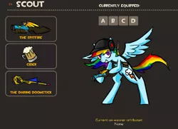 Size: 963x699 | Tagged: alcohol, artist:vyperion, cider, crossover, derpibooru import, equipment, food, force-of-nature, gun, loadout, parody, rainbow dash, rainbow scout, safe, scattergun, scout, solo, staff, team fortress 2, weapon