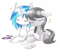 Size: 1000x856 | Tagged: safe, artist:hashioaryut, derpibooru import, octavia melody, vinyl scratch, eyes closed, female, image, ipod, lesbian, listen, listening, listening to music, music, pixiv, png, prone, scratchtavia, sharing headphones, shipping