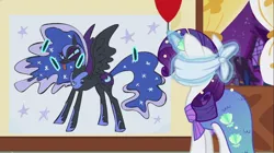 Size: 1100x618 | Tagged: blindfold, clothes, costume, derpibooru import, mermaid, mermarity, nightmare moon, nightmare night, nightmare night costume, pin the tail on the pony, rarity, safe, scare master, screencap