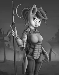 Size: 1250x1600 | Tagged: safe, artist:anti1mozg, derpibooru import, oc, unofficial characters only, anthro, bat pony, anthro oc, armor, bardiche, cape, clothes, grayscale, monochrome, night guard, solo, weapon