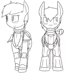 Size: 3000x2959 | Tagged: safe, artist:erthilo, derpibooru import, oc, unofficial characters only, earth pony, pegasus, pony, fallout equestria, armor, blushing, enclave, enclave armor, grand pegasus enclave, monochrome, power armor, powered exoskeleton, steel ranger, steel rangers, tsundere