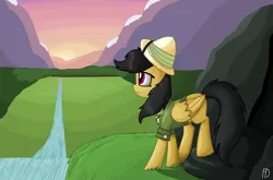 Size: 3376x2232 | Tagged: artist:fluttersdreams, daring do, derpibooru import, river, safe, solo, sunset, younger