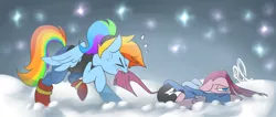 Size: 3483x1483 | Tagged: artist:thegreatrouge, clothes, crossover, derpibooru import, duo, eyes closed, pants, pinkamena diane pie, pinkie pie, rainbow dash, rainbowdyne, raised hoof, safe, sans pie, sans (undertale), snow, struggling, undertale, undyne, winter outfit