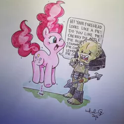 Size: 1080x1080 | Tagged: safe, artist:katiecandraw, derpibooru import, pinkie pie, earth pony, pony, yautja, colored pencil drawing, crossover, duo, female, mare, predator (franchise), pronking, speech bubble, traditional art