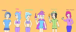 Size: 1359x588 | Tagged: artist:kaeru456, belly button, berry punch, berryshine, clothes, cloudchaser, daring do, derpibooru import, flitter, human, humanized, midriff, minuette, safe, sports bra, trixie