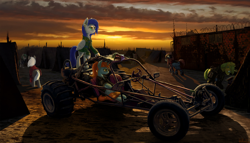 Size: 3304x1886 | Tagged: artist:willhemtier, augmented, buggy, car, derpibooru import, dune buggy, joule, military, military uniform, oc, oc:sapphire sights, oc:swift note, ponies and vehicles, post-apocalyptic, safe, sunset, tents, unofficial characters only, vehicle, wasteland