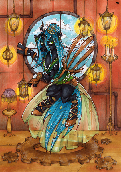 Size: 706x1000 | Tagged: artist:madblackie, candle, derpibooru import, lamp, lantern, queen chrysalis, safe, solo, steampunk, traditional art