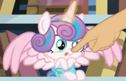 Size: 851x551 | Tagged: safe, derpibooru import, edit, edited screencap, screencap, princess flurry heart, the crystalling, :p, bookshelf, boop, boop edit, cloth diaper, cute, diaper, finger, flurrybetes, hand, library, noseboop, safety pin, spread wings, tongue out