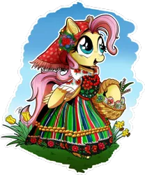 Size: 1280x1538 | Tagged: safe, artist:gray--day, derpibooru import, fluttershy, pony, bipedal, clothes, daffodil, dress, easter, easter egg, poland, solo, traditional dress, tulip