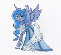 Size: 1024x916 | Tagged: artist:ihmislehma, clothes, derpibooru import, dress, gala dress, princess luna, safe, simple background, solo, spread wings, traditional art